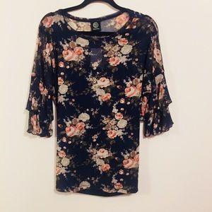 Bobeau Sheer Navy Ruffle Sleeve Floral Top